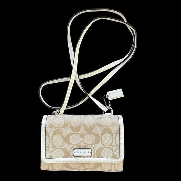 VTG Coach Signature Crossbody Bag Jacquard Leather Trim Small Wallet - Picture 1 of 12